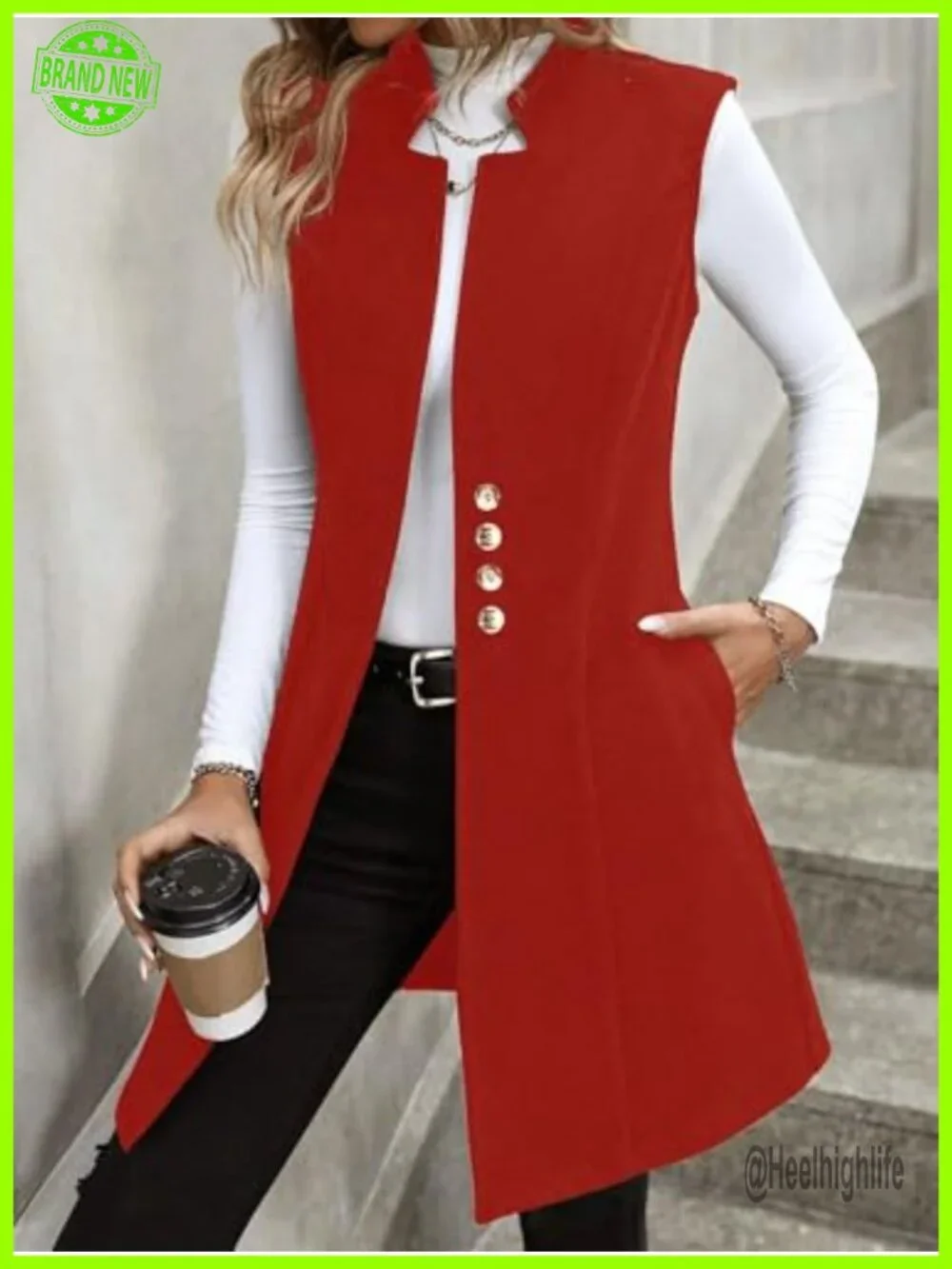 Long Sleeveless Wool Vest V-Neck Button Front Side Pockets